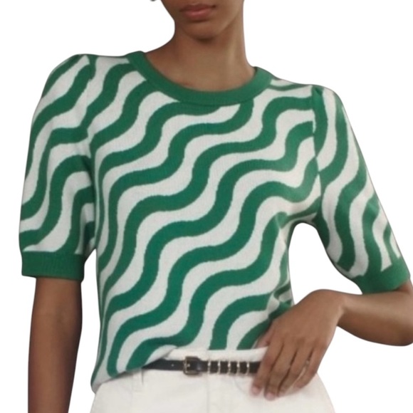 Anthropologie Maeve beautiful 💚green/white short sleeve sweater. Size Small. - Picture 3 of 6